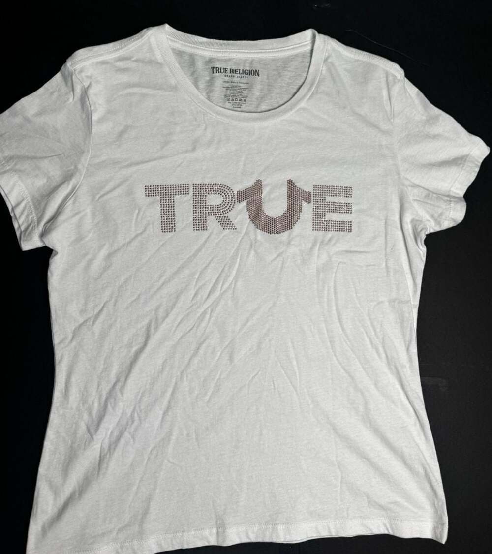 True Religion Womens Crystal Slice Slim Crew Neck T-Shirt Top White Size Large